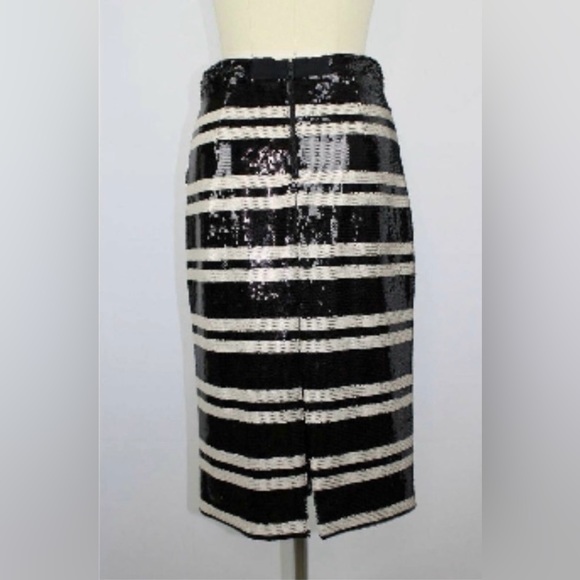 ALICE + OLIVIA Black Ivory Striped Sequin Embellished Rue Pencil Skirt - Picture 4 of 5